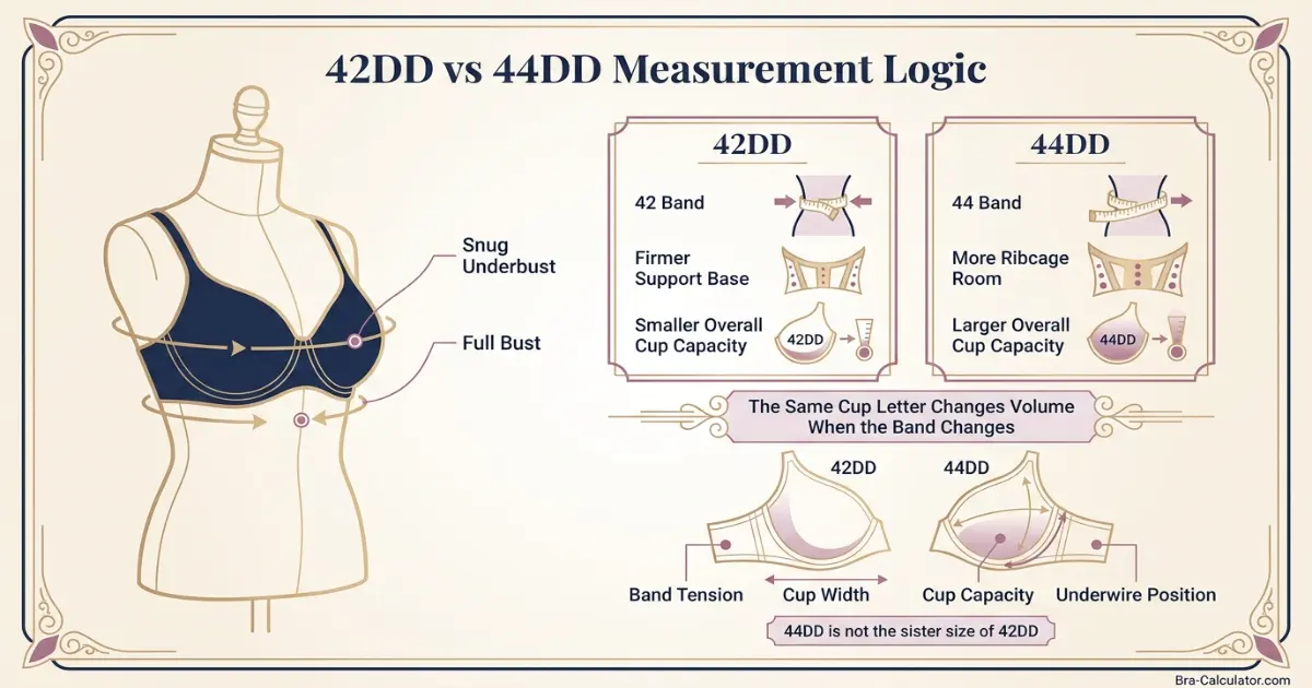 42DD vs 44DD measurement logic diagram showing band starting point and cup-volume comparison
