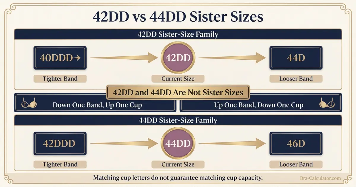 42DD vs 44DD sister size guide showing tighter-band and looser-band alternatives