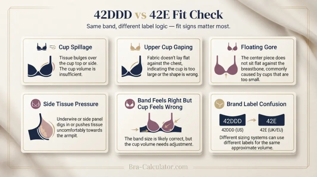 42DDD vs 42E fit problem diagram showing gaping spillage floating gore band riding up and side tissue issues