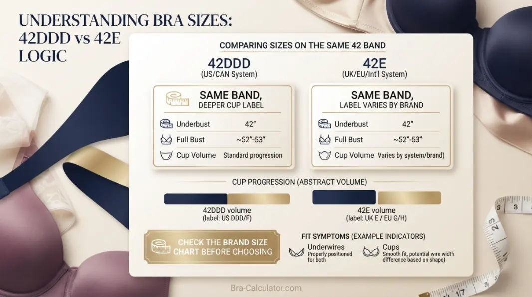 42DDD vs 42E measurement logic diagram showing band starting point and cup-volume comparison