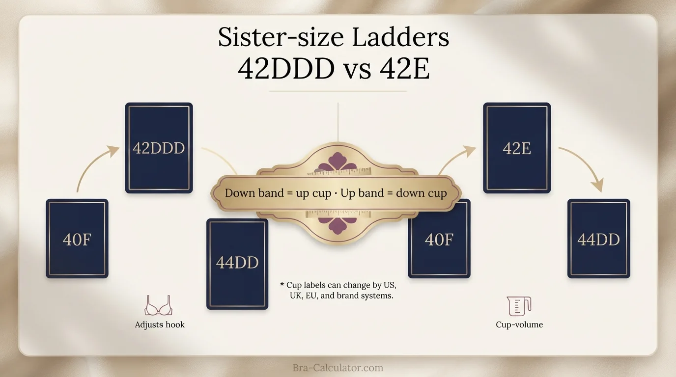 42DDD vs 42E sister size guide showing tighter-band and looser-band alternatives