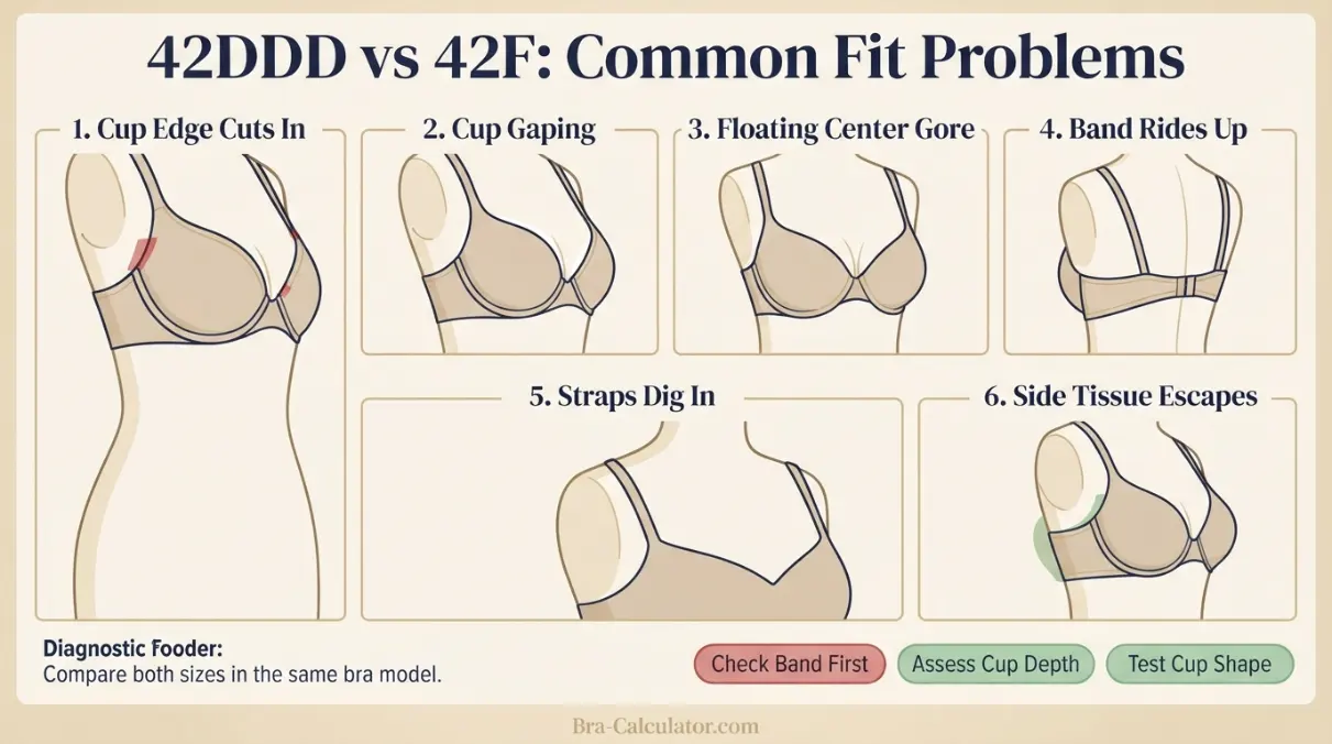42DDD vs 42F fit problem diagram showing gaping spillage floating gore band riding up and side tissue issues