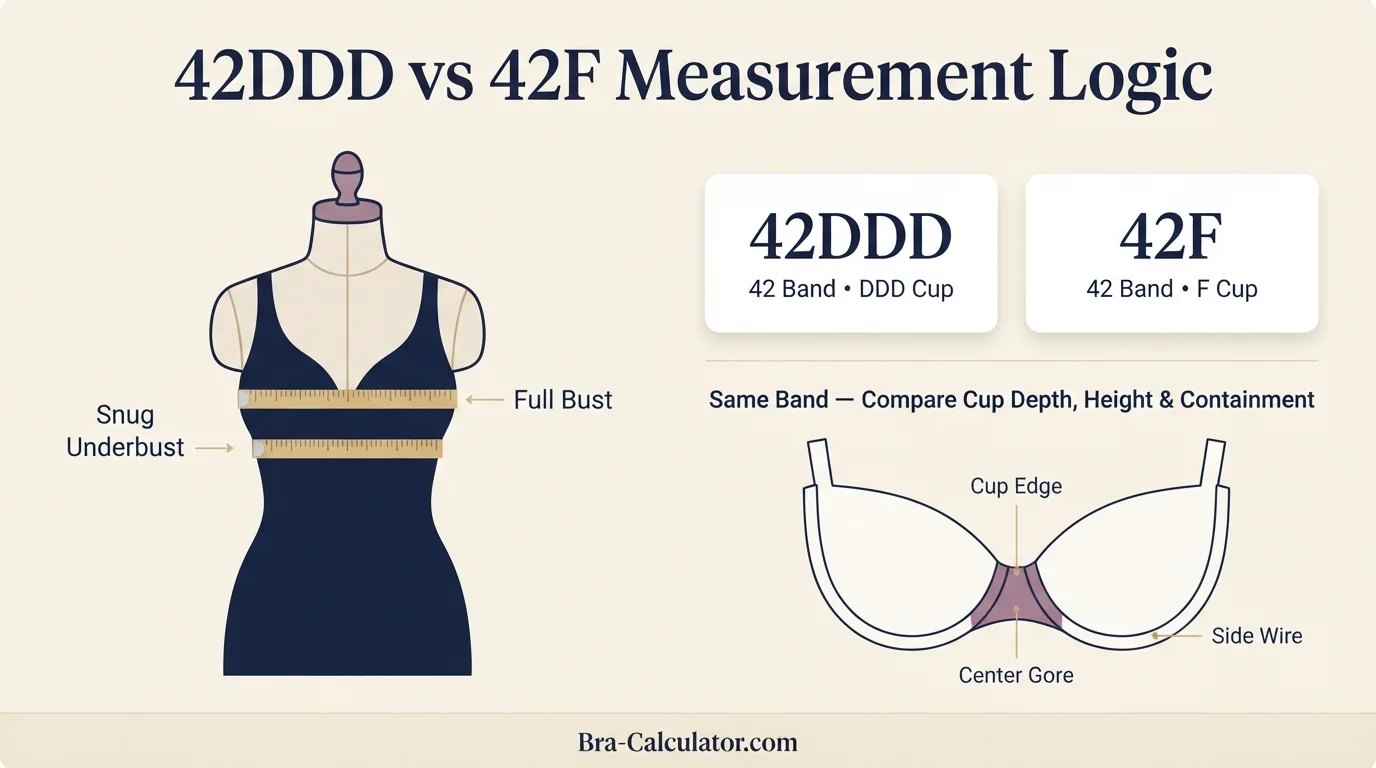 42DDD vs 42F measurement logic diagram showing band starting point and cup-volume comparison
