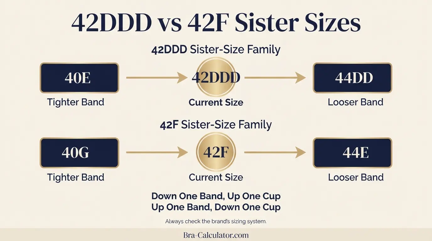42DDD vs 42F sister size guide showing tighter-band and looser-band alternatives
