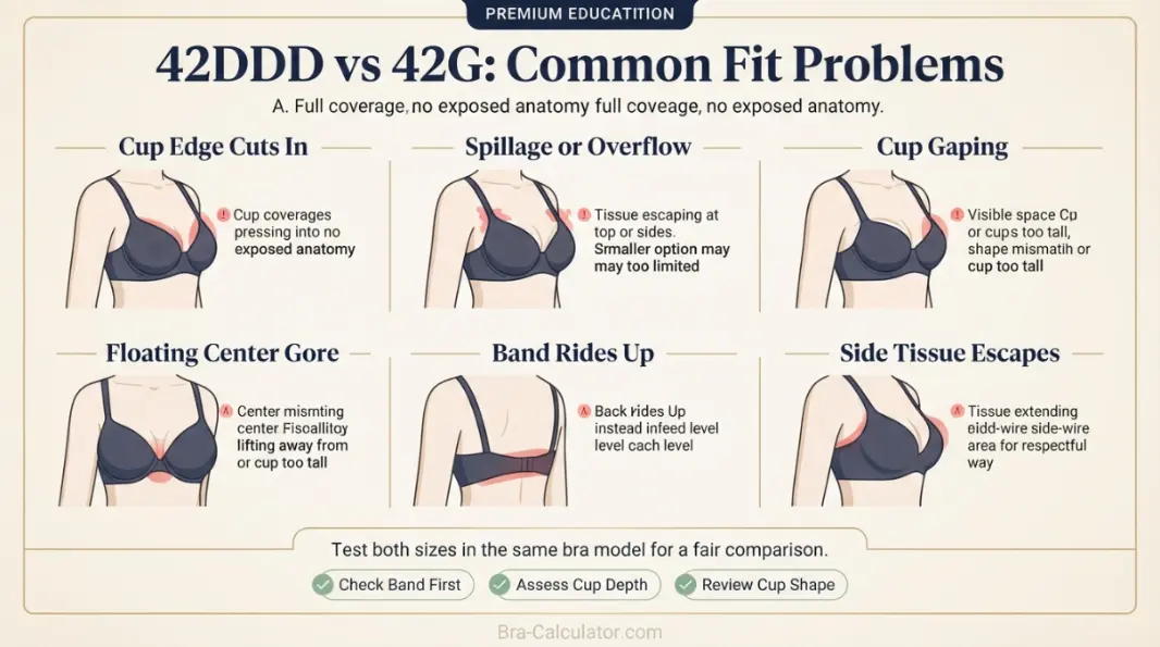 42DDD vs 42G fit problem diagram showing gaping spillage floating gore band riding up and side tissue issues