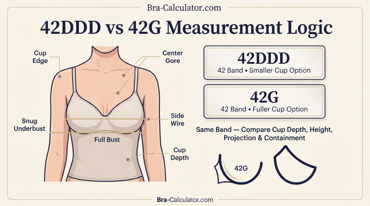 42DDD vs 42G measurement logic diagram showing band starting point and cup-volume comparison