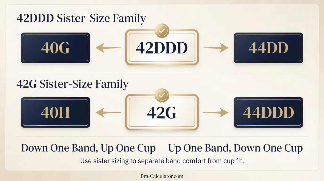 42DDD vs 42G sister size guide showing tighter-band and looser-band alternatives