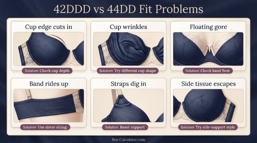 42DDD vs 44DD fit problem diagram showing gaping spillage floating gore band riding up and side tissue issues
