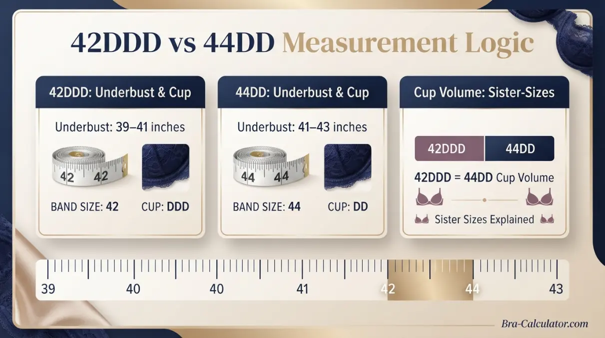 42DDD vs 44DD measurement logic diagram showing band starting point and cup-volume comparison