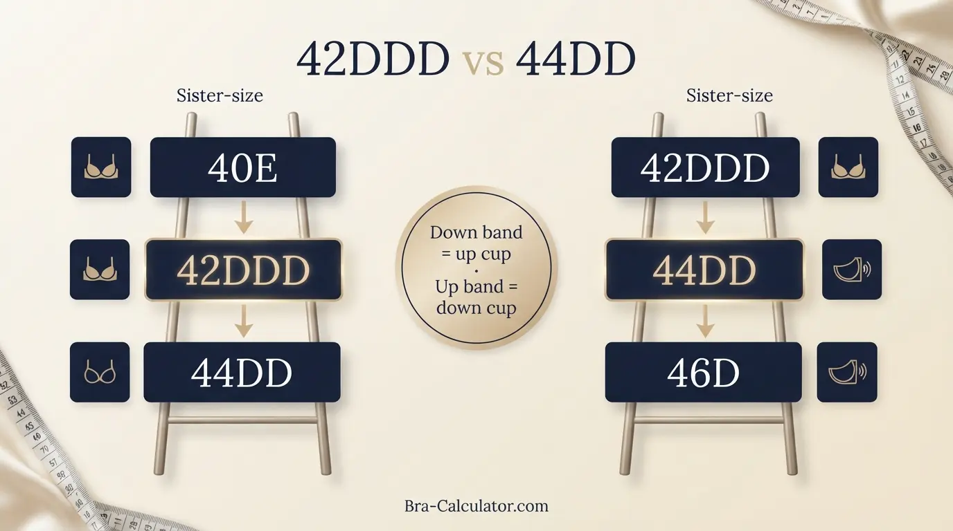 42DDD vs 44DD sister size guide showing tighter-band and looser-band alternatives
