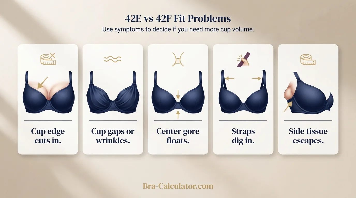 42E vs 42F fit problem diagram showing gaping spillage floating gore band riding up and side tissue issues