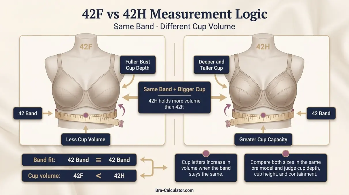 42F vs 42H measurement logic diagram showing band starting point and cup-volume comparison