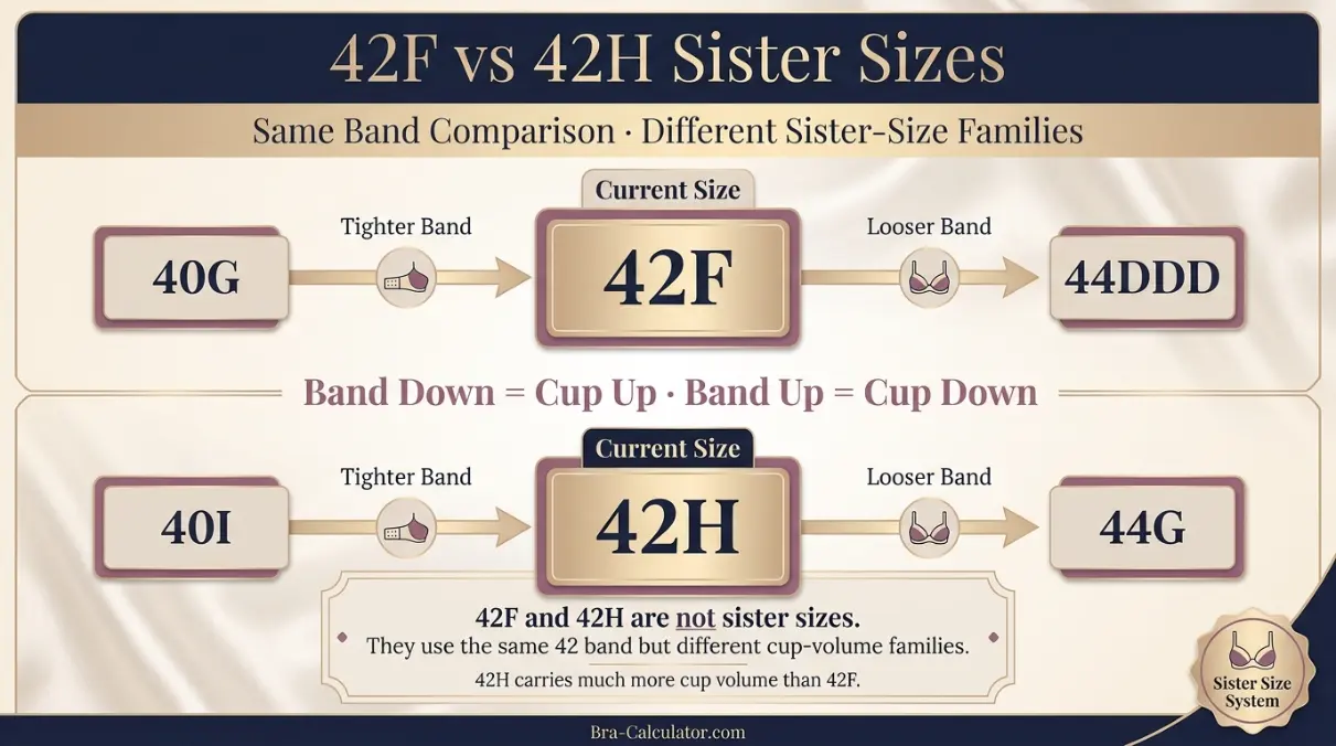 42F vs 42H sister size guide showing tighter-band and looser-band alternatives