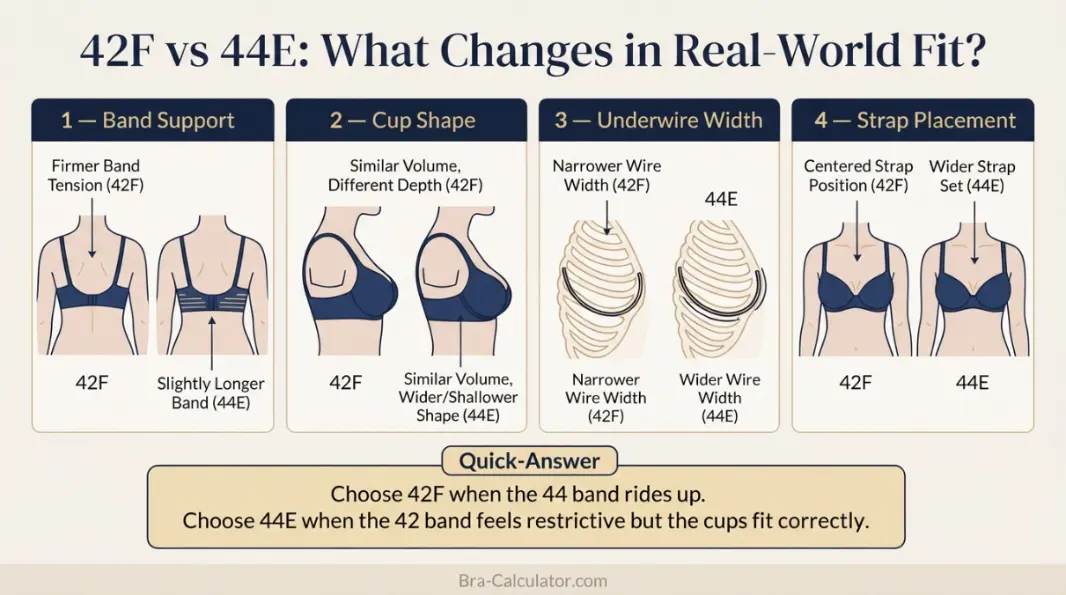 42F vs 44E fit problem diagram showing gaping spillage floating gore band riding up and side tissue issues