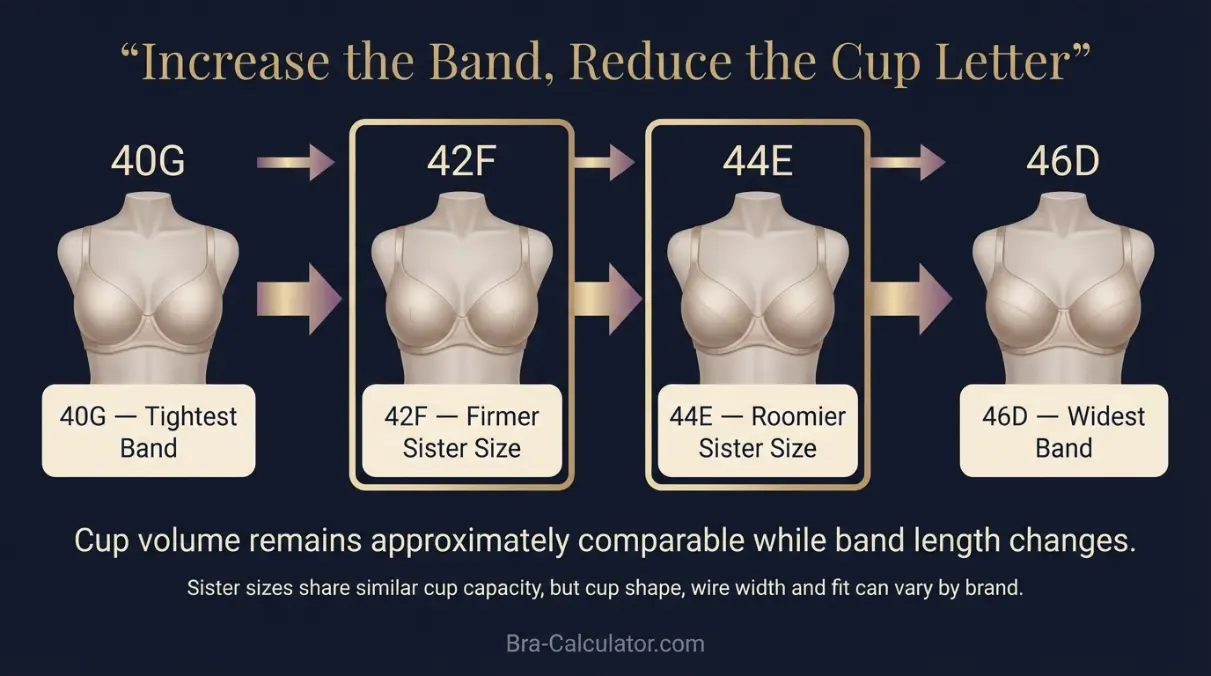 42F vs 44E sister size guide showing tighter-band and looser-band alternatives