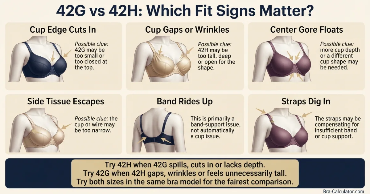 42G vs 42H fit problem diagram showing gaping spillage floating gore band riding up and side tissue issues