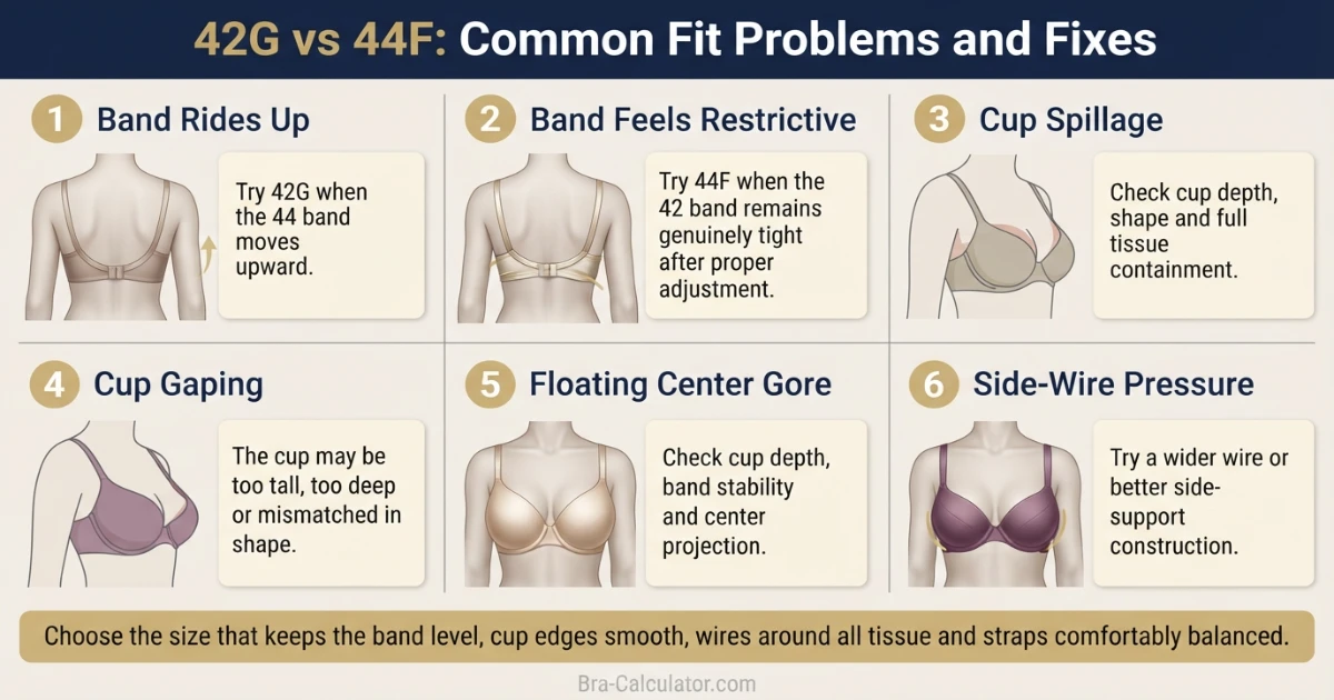 42G vs 44F fit problem diagram showing gaping spillage floating gore band riding up and side tissue issues