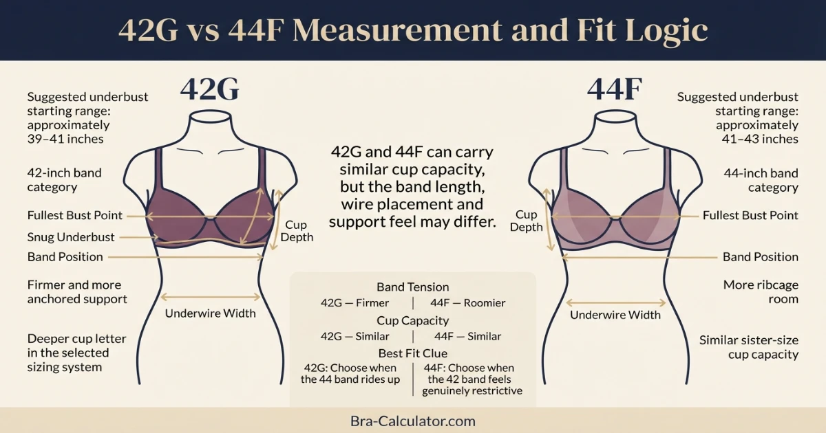 42G vs 44F measurement logic diagram showing band starting point and cup-volume comparison
