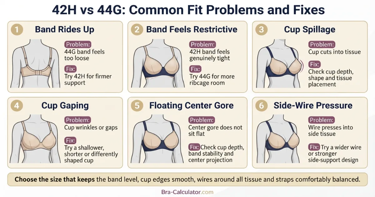 42H vs 44G fit problem diagram showing gaping spillage floating gore band riding up and side tissue issues
