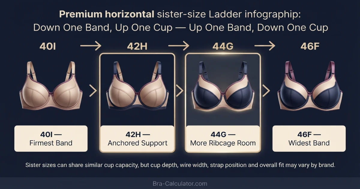 42H vs 44G sister size guide showing tighter-band and looser-band alternatives