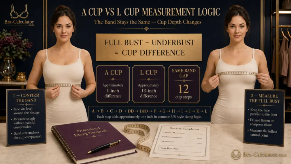 A Cup vs L Cup measurement diagram showing bust minus underbust cup depth difference