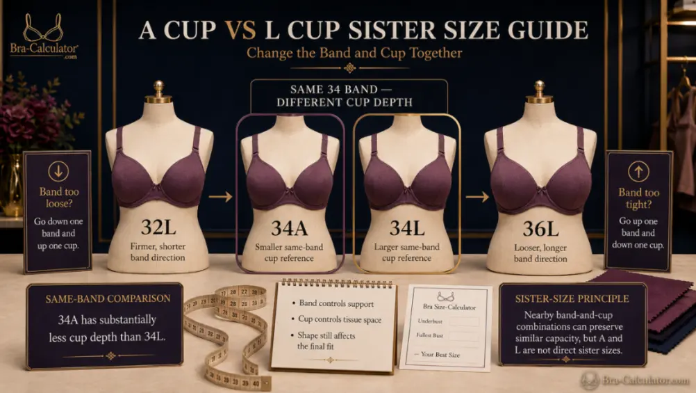 A Cup vs L Cup sister size ladder showing band and cup adjustments
