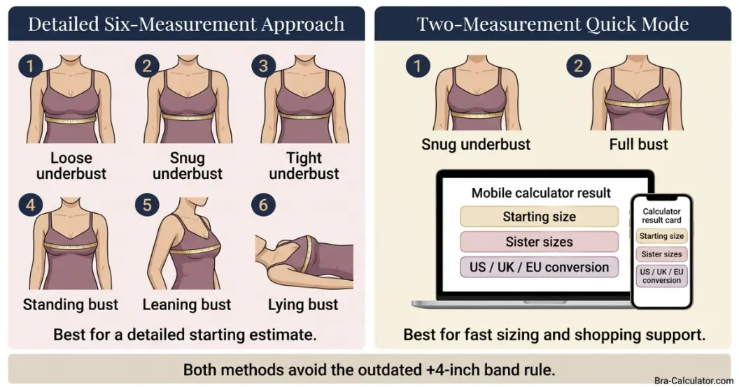 ABTF-style six measurements compared with Bra-Calculator.com two-measurement quick mode