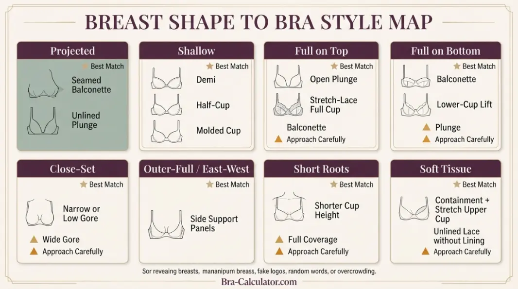 Breast shape to bra style map for fullness roots spacing and tissue behavior