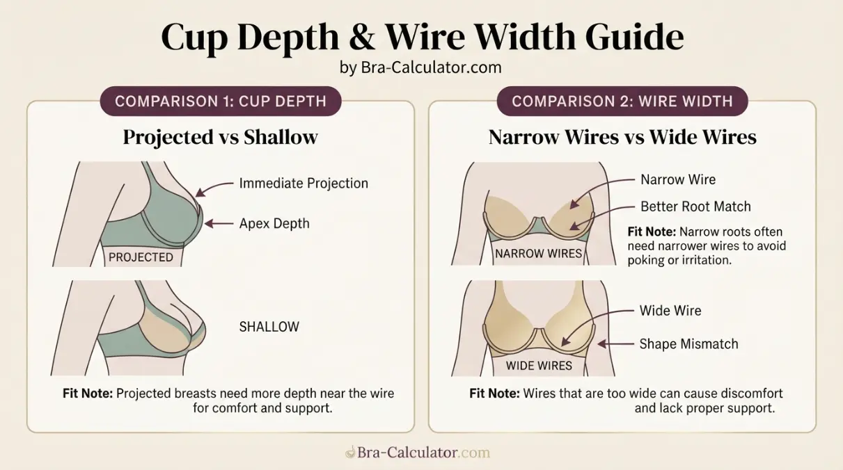 Bra cup depth and wire width guide comparing shallow average and projected cup construction