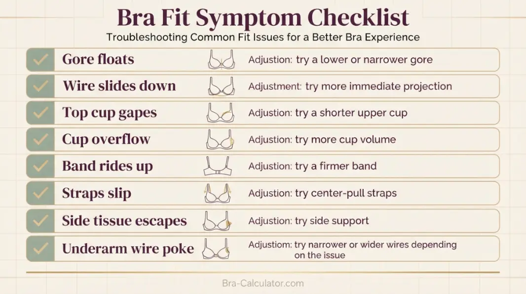 Bra fit symptom checklist for floating gore sliding wires cup gaping and overflow