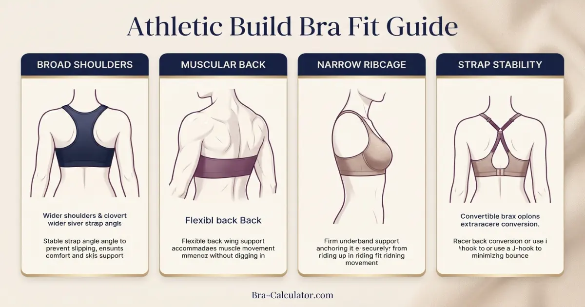 Athletic build bra fit diagram showing strap placement broad shoulders and muscular back fit