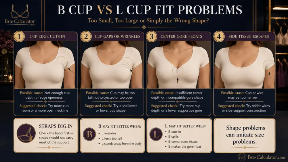 B Cup vs L Cup fit problem diagram showing gaping spillage floating gore side tissue and strap pressure