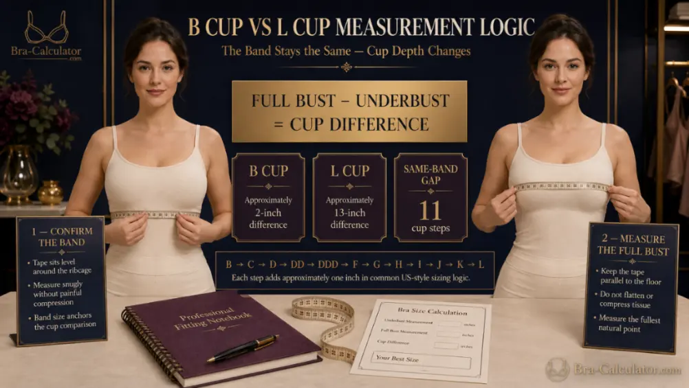 B Cup vs L Cup measurement diagram showing bust minus underbust cup depth difference