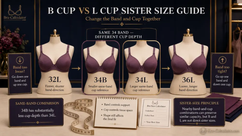 B Cup vs L Cup sister size ladder showing band and cup adjustments