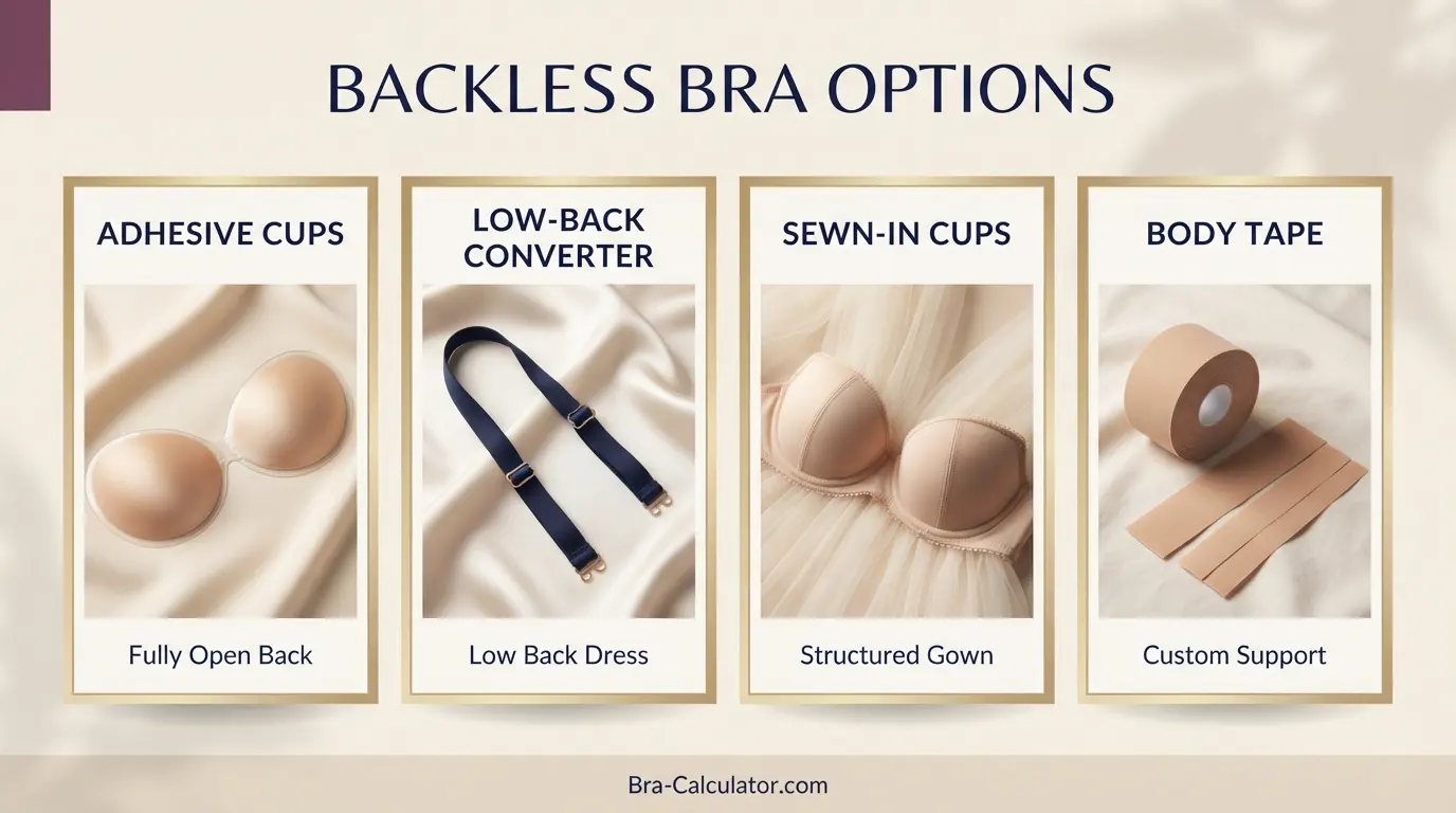 Backless dress bra comparison chart for adhesive low back converter and sewn in cups