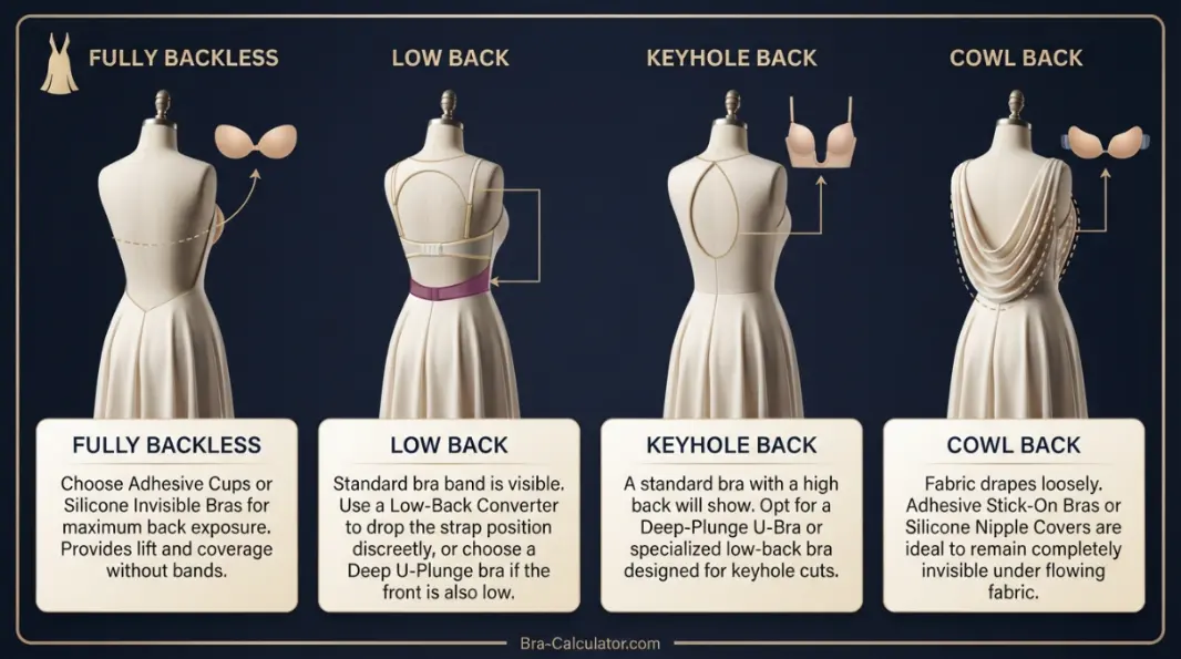 Backless dress bra fit diagram showing back depth cup placement and low back converter options
