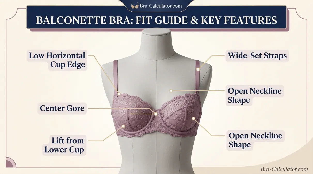 Balconette bra fit diagram showing low cups wide straps and center gore placement