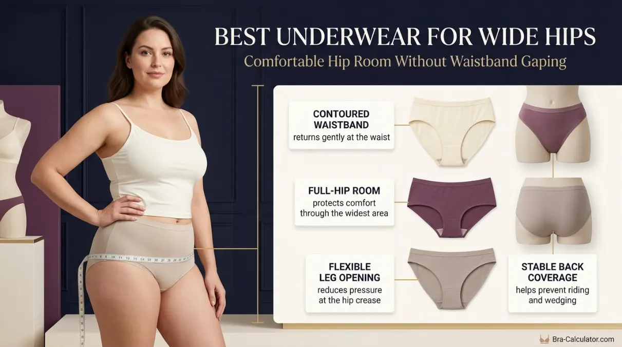 Best underwear for wide hips showing a contoured waistband, full hip room and stable back coverage