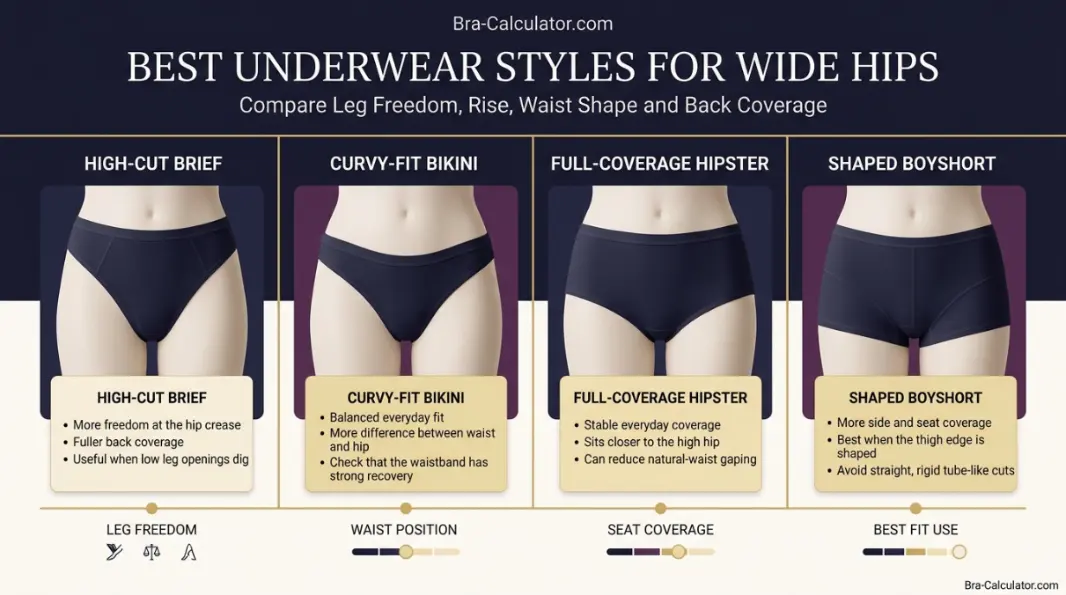 Best underwear styles for wide hips comparing high-cut briefs, curvy-fit bikinis, hipsters and shaped boyshorts