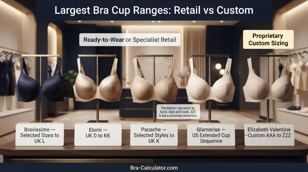 Largest retail bra cup sizes by brand including UK K KK L and custom ZZZ