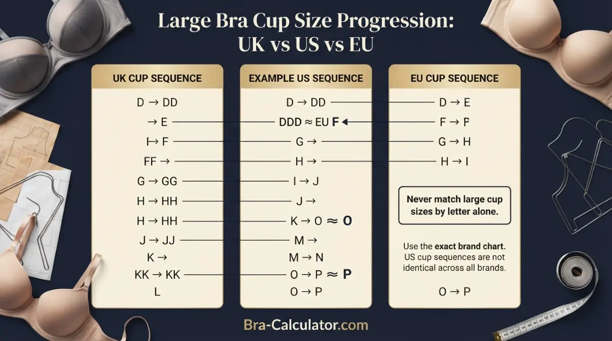 Bra cup size progression chart comparing large UK US and EU cup letters