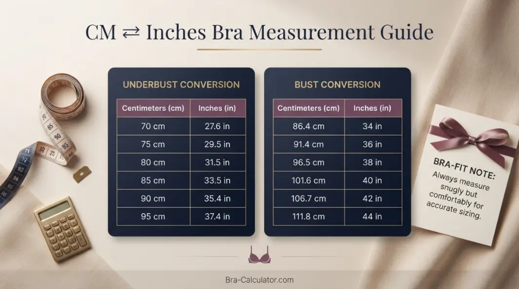 Bra size cm and inches conversion table for bust and underbust measurements