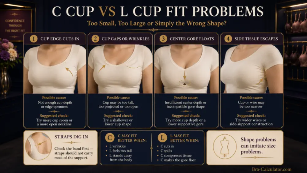 C Cup vs L Cup fit problem diagram showing gaping spillage floating gore side tissue and strap pressure