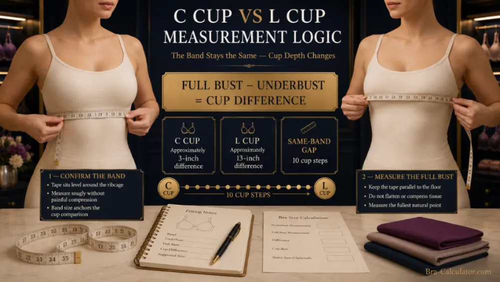 C Cup vs L Cup measurement diagram showing bust minus underbust cup depth difference