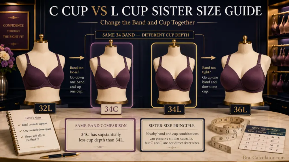 C Cup vs L Cup sister size ladder showing band and cup adjustments
