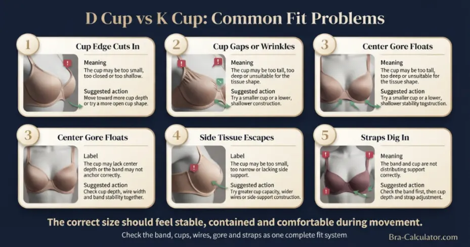 D Cup vs K Cup fit problem diagram showing gaping spillage floating gore side tissue and strap pressure