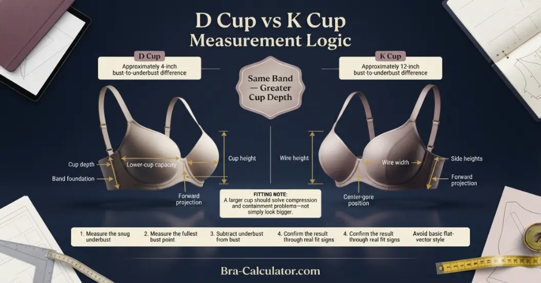 D Cup vs K Cup measurement diagram showing bust minus underbust cup depth difference