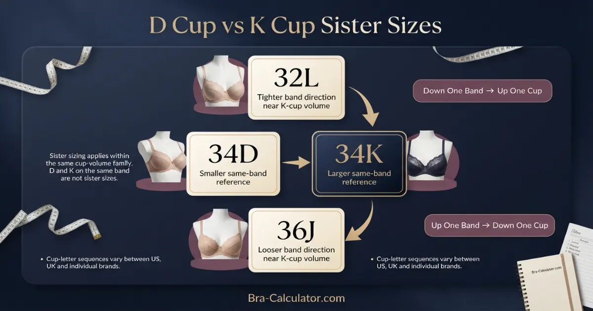 D Cup vs K Cup sister size ladder showing band and cup adjustments