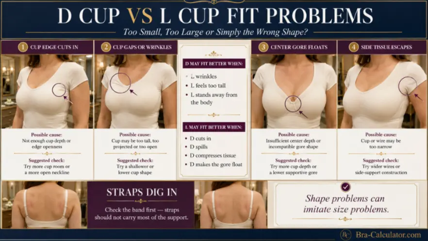 D Cup vs L Cup fit problem diagram showing gaping spillage floating gore side tissue and strap pressure