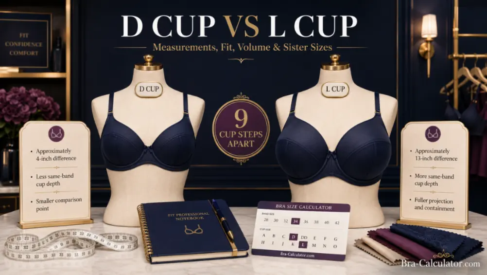 D Cup vs L Cup premium comparison hero with measurement tape and navy gold Bra-Calculator branding